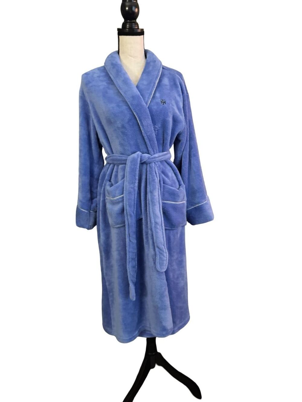 Tommy Hilfiger Womenโs Blue Plush Fleece Robe S/M Belted Logo Pockets
